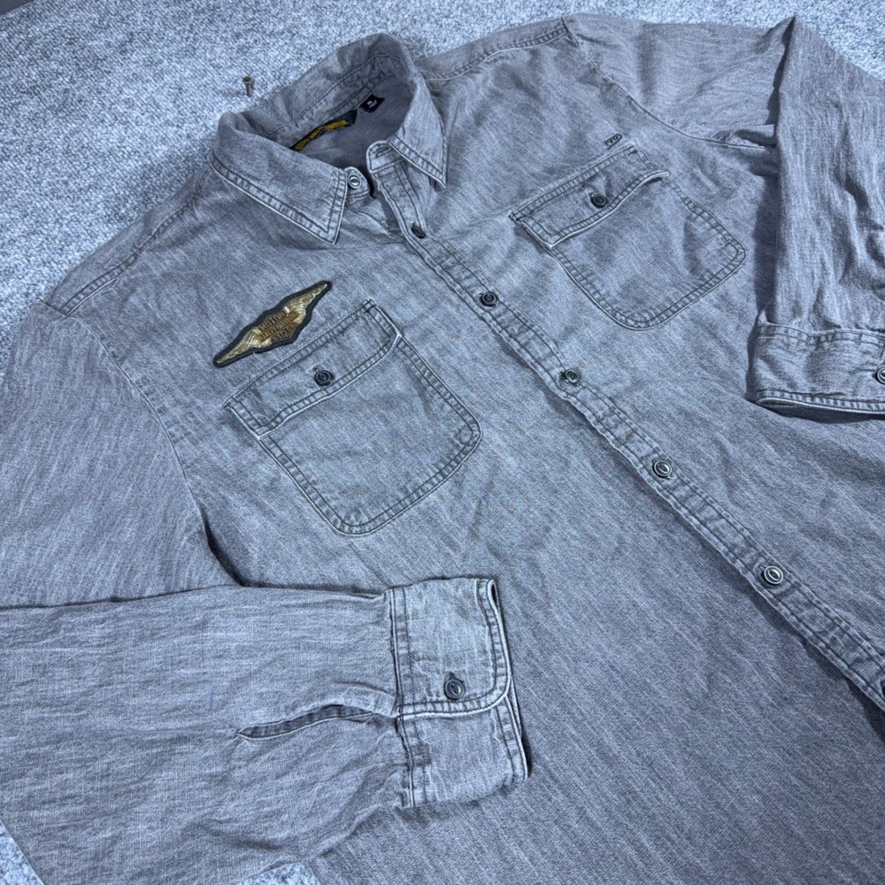 Harley-Davidson Mens 3XL Gray Long Sleeve Winged Logo Patch Button Down Shirt